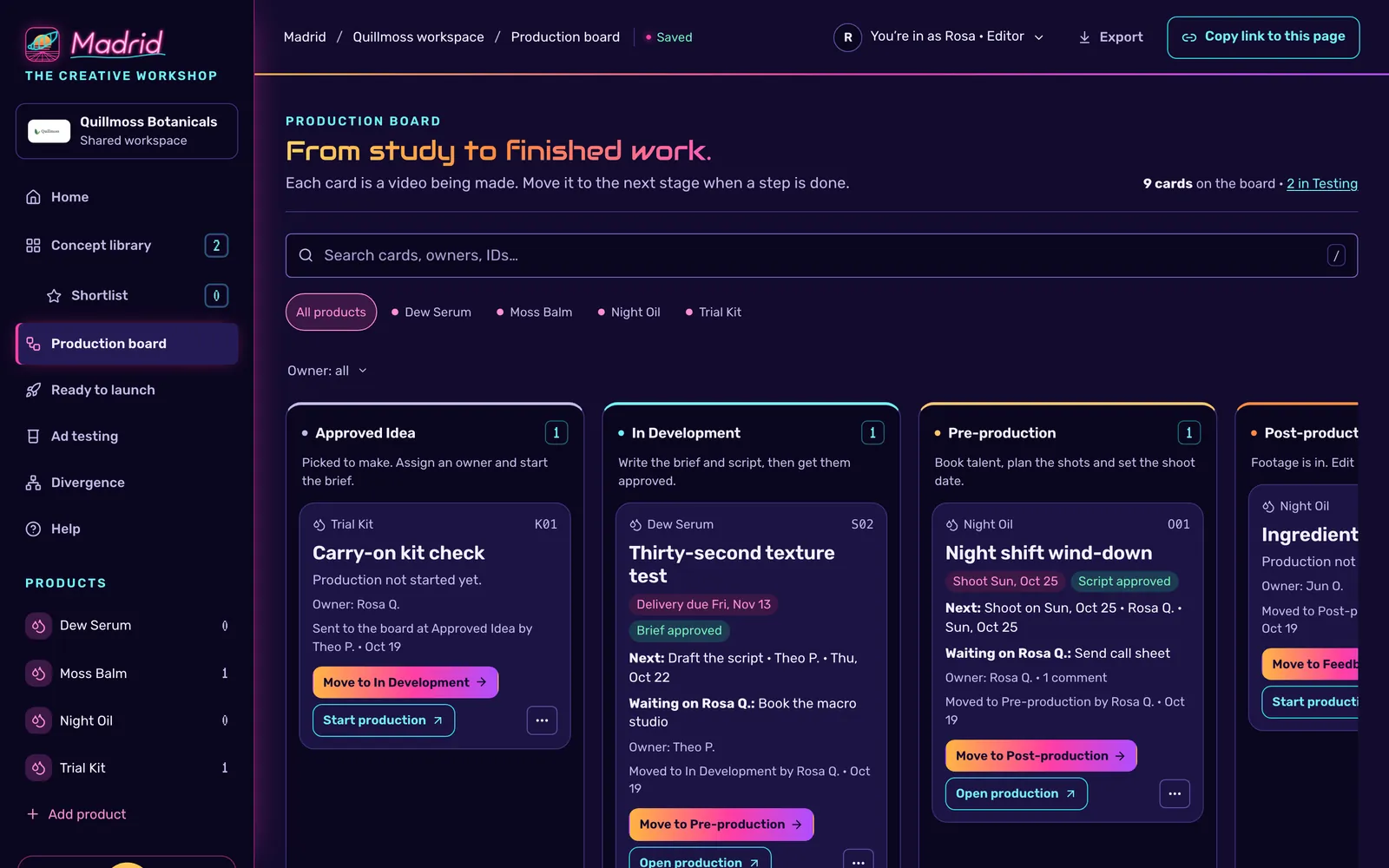 Madrid’s production board in the Neon Grid theme. Cards for a sample brand move through Approved Idea, In Development, Pre-production and Post-production, each showing its next step and who it is waiting on.