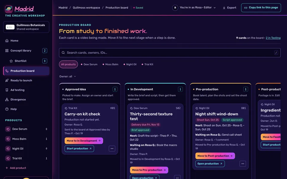 The production board in Neon Grid.